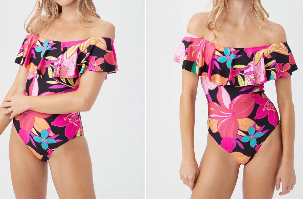 Trina Turk Solar Floral Ruffle Off The Shoulder One Piece Swim Suit 6 NWT